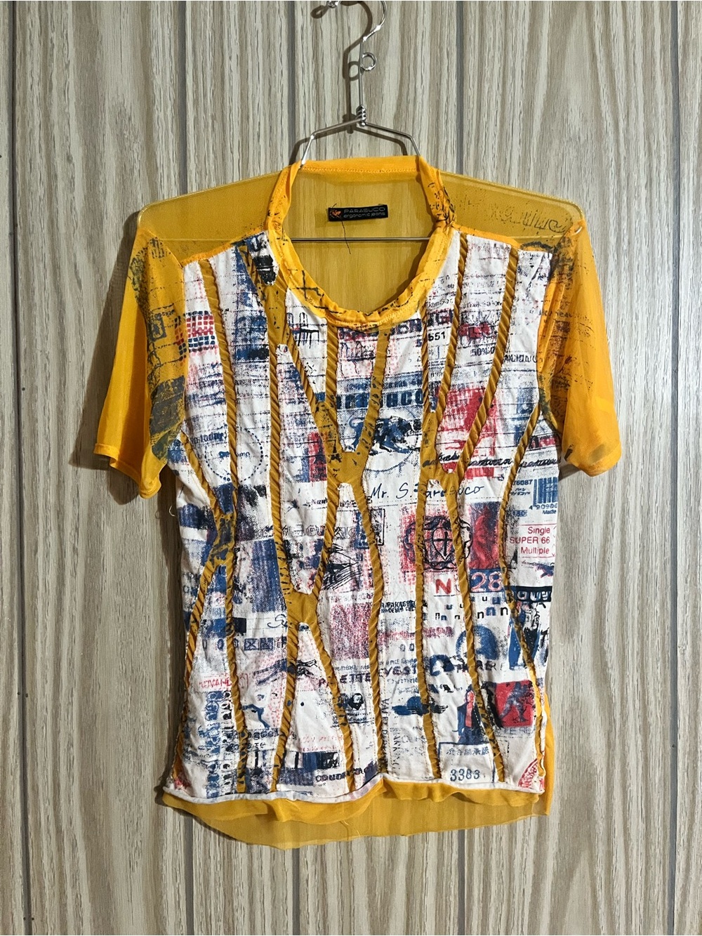 Rare Vintage Parasuco Yellow Sheer Mesh Graphic Top – One Size / M